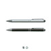 Two stylus pens are displayed, one silver and one black, each featuring a clip and a logo. Two stylus pens are displayed, one silver and one black, each featuring a clip and a logo.