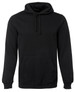 A black hoodie featuring a front pocket and drawstring hood, with a logo present.