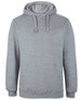 A grey hoodie with a front pocket and adjustable drawstrings on the hood. It features a logo on the front.