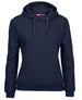 A navy blue hoodie with a front pocket and a drawstring hood. The hoodie features a logo.