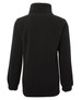 A black polar fleece jacket featuring a high neck and elasticised cuffs at the sleeves. It has a branding logo on the back.