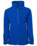 A blue polar fleece jacket with a high collar and zip front, featuring a logo on the chest.