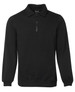 A black 1/2 zip fleecy jumper featuring a collar and long sleeves, with a logo on the label.