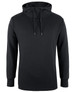 A black hoodie featuring a drawstring hood and a minimalist design, with a logo on the front.
