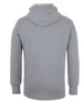 A grey hoodie featuring a hood and long sleeves, presented from the back. It has a branding logo.