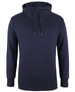 A navy hoodie with a drawstring hood and long sleeves, featuring a logo on the chest.