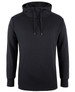 A black hoodie with a drawstring hood, featuring a sleek design and a subtle logo.