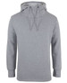 A grey sports hoodie featuring a hood and drawstrings, with long sleeves and side slits. It has a logo.