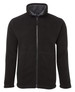 A black fleece jacket featuring a zip front and a soft inner lining, with pockets and a collar.