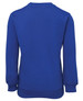 A blue fleecy jumper with long sleeves and a round neckline, featuring a logo on the back.