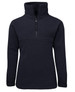 A navy 1/2 zip polar fleece jacket with a high collar and a zippered front. It features a solid design and has a logo.