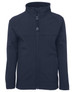 A navy soft shell jacket featuring a full zip, two front pockets, and a stand-up collar. It has a logo on the chest.
