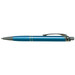 A metal pen in a vibrant blue finish featuring a textured grip and a sleek clip.