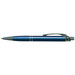 A metal pen in a sleek blue design with a textured grip and a silver clip.