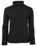 A black softshell jacket with a zip front and a stand-up collar, featuring a logo on the chest.