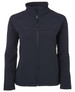 A ladies soft shell jacket in black with a zip-up front and a high collar, featuring a logo.