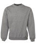 A grey sweater with a round neckline and ribbed cuffs and hem, featuring a branding logo.