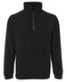 A black polar fleece jumper with a 1/2 zip collar and long sleeves, featuring a logo on the chest.
