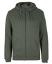 A green hoodie with a front zipper, drawstring hood, and side pockets, featuring a branding logo.