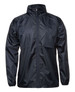 A black rain jacket with a zip front and a stand-up collar, featuring a logo.
