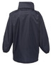 A dark navy rain jacket with elastic cuffs and a high collar, featuring a logo on the back.
