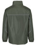 A green rain jacket with elastic cuffs and a branding logo on the back, featuring a simple design.