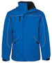 A blue rain jacket featuring contrasting trim and a front zip, with pockets and a logo on the chest.
