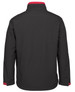 A black soft shell jacket with red accents and a collar. The back view showcases a simple design and a logo detail.