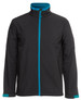 A soft shell jacket in black with blue accents and a full zip front. It features side pockets and a collar.