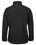 A black soft shell jacket with a high collar, featuring a branding logo on the back.