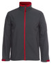 A soft shell jacket featuring a grey outer with a red zip and inner lining. It has a logo on one side.
