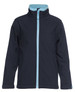 A soft shell jacket in navy blue with a light blue zipper and inner lining, featuring a logo on the chest.