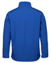 A blue soft shell jacket featuring a high collar and a plain back design, with a logo present.