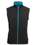A black three-layer softshell vest with a turquoise inner collar and zipper, featuring a logo. A black three-layer softshell vest with a turquoise inner collar and zipper, featuring a logo.