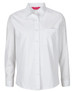 A white long-sleeve button-up shirt with a pocket and a logo.