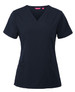 A navy blue scrub top with short sleeves, featuring a V-neck and two front pockets. It includes a branding logo. A navy blue scrub top with short sleeves, featuring a V-neck and two front pockets. It includes a branding logo.