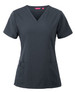 A dark grey scrub top with a V-neckline, short sleeves, and front pockets. It features a branded label. A dark grey scrub top with a V-neckline, short sleeves, and front pockets. It features a branded label.