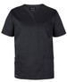 A black unisex scrub top featuring a V-neck, short sleeves, and multiple pockets. It has a branding logo.