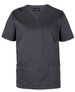 A dark grey unisex scrub top featuring a v-neck, short sleeves, and multiple pockets. It has a branding logo.