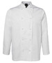 A white long-sleeve chef's jacket with a double-breasted front and a pocket on the sleeve. It features a logo.