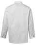 A white chef's jacket with long sleeves and a collar. Features detailed stitching and a logo on the sleeve.