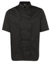 A short-sleeved black chef's jacket with a double-breasted front and a standing collar. Features a logo on the sleeve.