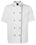A white chef's jacket featuring short sleeves and black piping along the edges. It has a logo on one sleeve.