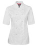 White short-sleeve chef's jacket for ladies with a double-breasted design and a branded logo.