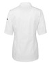 A white short-sleeved chef's jacket with a back view, featuring a logo on one sleeve.