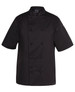 A black chef's jacket with short sleeves and a double-breasted design, featuring a logo on the arm.