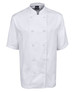 A vented chef's jacket in white, featuring short sleeves and a double-breasted front with buttons, including a logo.