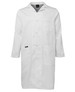 A white lab coat with a collar, long sleeves, and pockets, featuring a logo on the side.