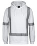 A white fleece hoodie featuring reflective tape across the front and sleeves, with a hood and a logo.