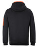 A black work hoodie with an orange accent on the hood and a zipped pocket on the sleeve. Features a logo.